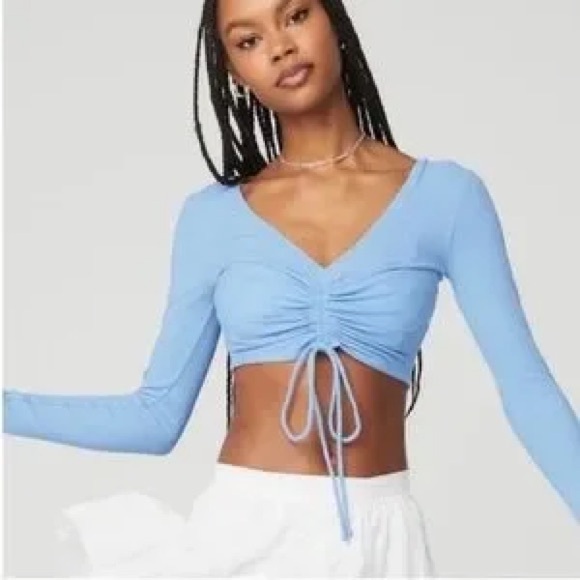 ALO Yoga Tops - ALO Yoga Cinched Ruched Crop Top Front Tie Ribbed, XS in blue tile EUC